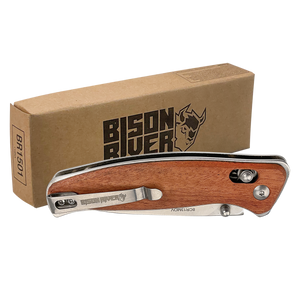 Custom Laser Engraved Bison River 4 1/2" Wood Button Lock Folding Knife