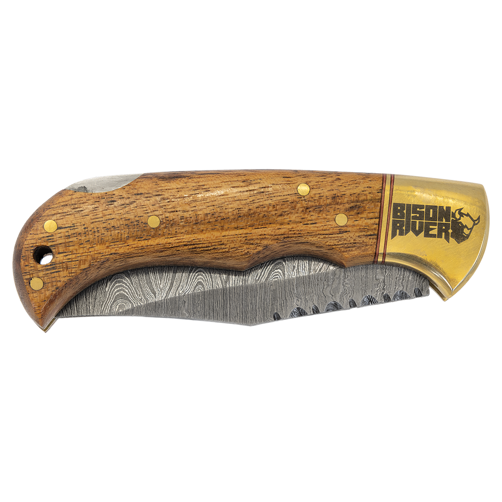 Custom Laser Engraved Bison River 3 3/4" Wood Folding Knife with Damascus Steel Blade and Leather Sheath