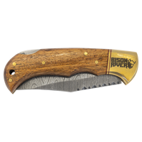 Custom Laser Engraved Bison River 3 3/4" Wood Folding Knife with Damascus Steel Blade and Leather Sheath