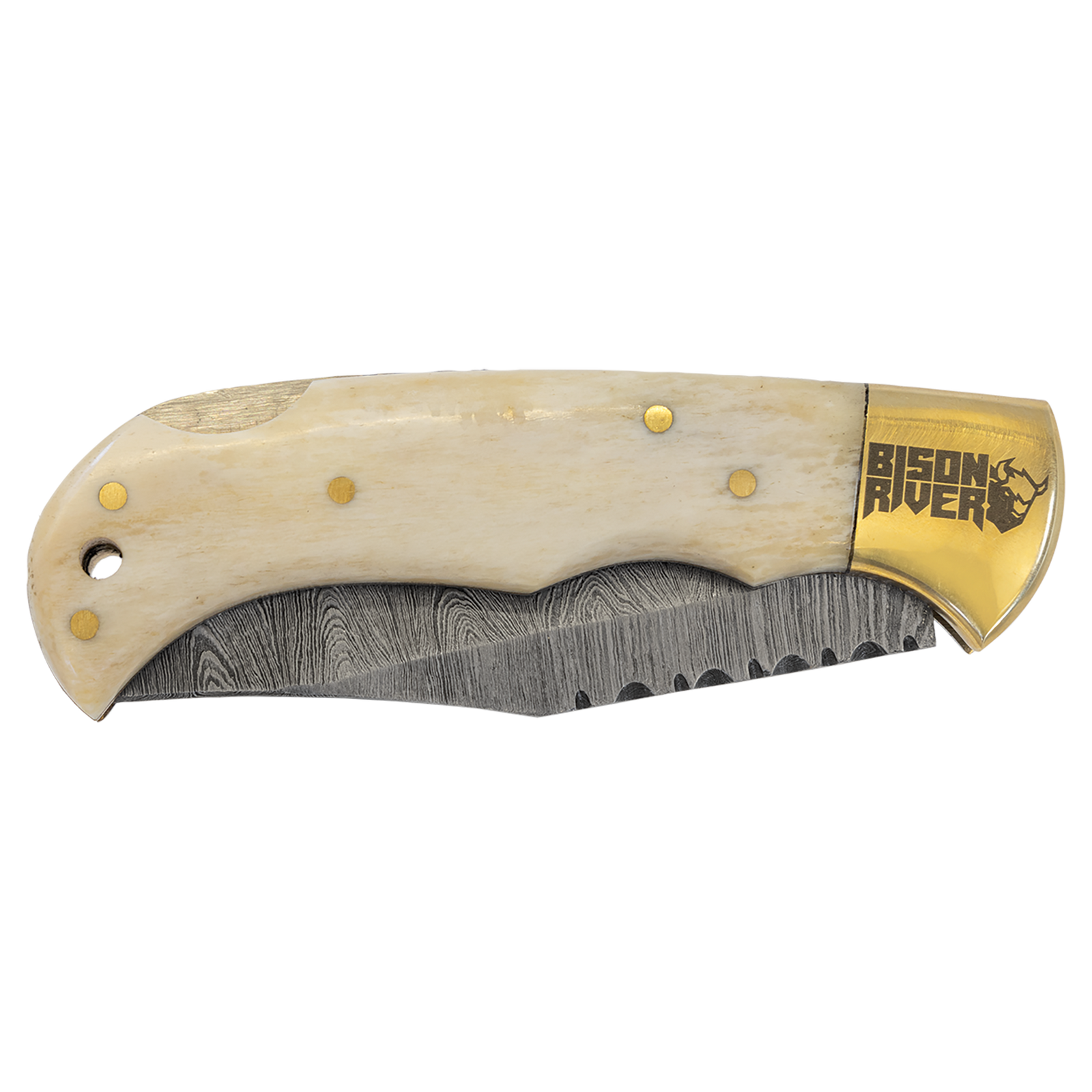 Custom Laser Engraved Bison River 3 3/4" Bone Folding Knife with Damascus Steel Blade and Leather Sheath