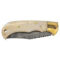 Custom Laser Engraved Bison River 3 3/4" Bone Folding Knife with Damascus Steel Blade and Leather Sheath