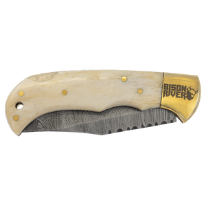 Custom Laser Engraved Bison River 3 3/4" Bone Folding Knife with Damascus Steel Blade and Leather Sheath