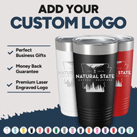 Explore Kodiak Coolers' custom tumblers in white, black, and red with the "Natural State Coffee Roasters" logo—ideal as promotional gifts. Featuring premium laser engraving, no setup fees, a money-back guarantee, and bulk pricing options during our Friday Flash Sale.