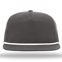 Front view of a dark gray Richardson Umpqua 256 Rope Snapback Cap with white trim along the edge of the brim, featuring UPF 50+ protection.