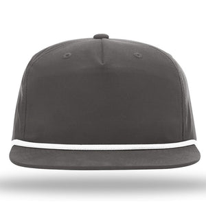 Front view of a dark gray Richardson Umpqua 256 Rope Snapback Cap with white trim along the edge of the brim, featuring UPF 50+ protection.