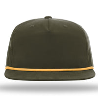 Front view of a Richardson 256 Umpqua Rope Snapback Cap in dark green with a yellow trim along the bottom edge, featuring UPF 50+ protection.
