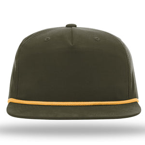 Front view of a Richardson 256 Umpqua Rope Snapback Cap in dark green with a yellow trim along the bottom edge, featuring UPF 50+ protection.