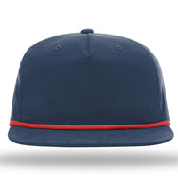 A dark blue Richardson 256 Umpqua Rope Snapback Cap, featuring a red rope line detail above the brim, displayed on a plain white background.