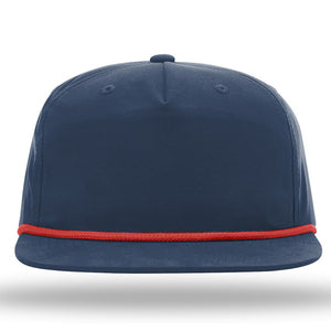A dark blue Richardson 256 Umpqua Rope Snapback Cap, featuring a red rope line detail above the brim, displayed on a plain white background.