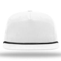 A plain white Richardson 256 Umpqua Rope Snapback Cap with a flat brim, UPF 50+ protection, and a thin black accent line around the base of the crown.