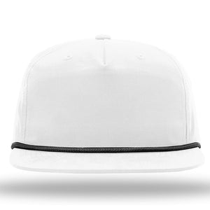 A plain white Richardson 256 Umpqua Rope Snapback Cap with a flat brim, UPF 50+ protection, and a thin black accent line around the base of the crown.