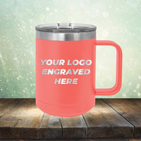 Custom coffee mug with business logo laser engraved branded 15oz with handle coral