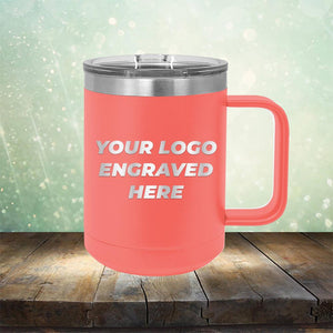 Custom coffee mug with business logo laser engraved branded 15oz with handle coral