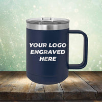 Custom coffee mug with business logo laser engraved branded 15oz with handle navy