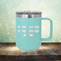 Custom coffee mug with business logo laser engraved branded 15oz with handle teal