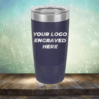 Custom tumbler with business logo laser engraved branded 20oz mug with lid navy