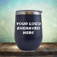 Custom wine cup with business logo laser engraved branded 12 oz cup with lid navy