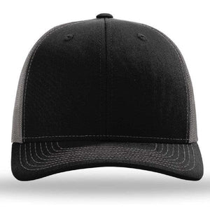 A black and grey Richardson 112 Snapback Trucker Cap with a mesh back on a white background.