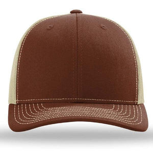 A brown and tan Richardson 112 Snapback Trucker Cap with a mesh back, on a white background.