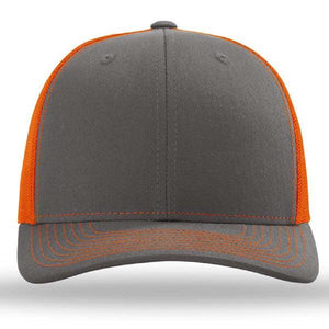 A grey and orange Richardson 112 Snapback Trucker Cap with a mesh back on a white background.
