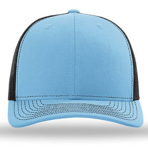 A light blue Richardson 112 Snapback Trucker Cap - Custom Leather Patch Hat with black trim and a mesh back for breathability.