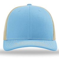 A Richardson 112 Snapback Trucker Cap - Custom Leather Patch Hat | No Minimals | Volume Tiered Pricing with a pre-curved visor and cotton/polyester material.