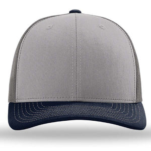A Richardson 112 Snapback Trucker Cap - Custom Leather Patch Hat | No Minimals | Volume Tiered Pricing cotton/polyester grey and navy trucker hat with a pre-curved visor on a white background.