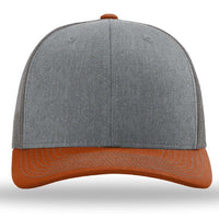 A Richardson 112 Snapback Trucker Cap - Custom Leather Patch Hat | No Minimals | Volume Tiered Pricing with a pre-curved visor on a white background.