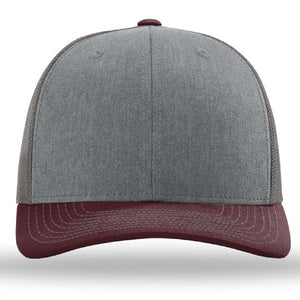 A grey and maroon Richardson 112 Snapback Trucker Cap - Custom Leather Patch Hat with a mesh back on a white background.