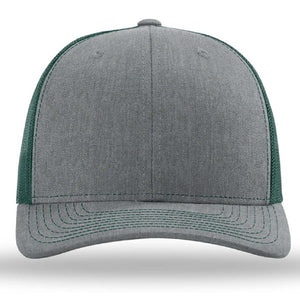 A grey and green Richardson 112 Snapback Trucker Cap with a pre-curved visor, on a white background.