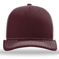 A Richardson 112 Snapback Trucker Cap - Custom Leather Patch Hat with a pre-curved visor and mesh back on a white background.