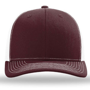 A Richardson 112 Snapback Trucker Cap - Custom Leather Patch Hat with a pre-curved visor and mesh back on a white background.