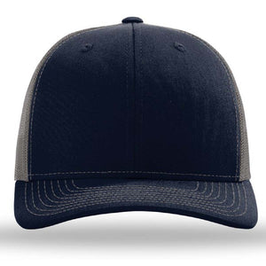 A navy and grey Richardson 112 Snapback Trucker Cap with a mesh back on a white background.