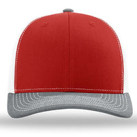 A Richardson 112 Snapback Trucker Cap - Custom Leather Patch Hat with a mesh back on a white background.