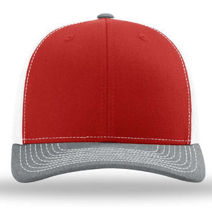 A Richardson 112 Snapback Trucker Cap - Custom Leather Patch Hat with a mesh back on a white background.