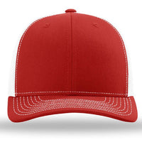 A Richardson 112 Snapback Trucker Cap - Custom Leather Patch Hat with a mesh back on a white background.