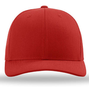 A Richardson 112 Snapback Trucker Cap - Custom Leather Patch Hat | No Minimals | Volume Tiered Pricing on a white background with a pre-curved visor.