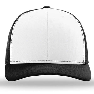 A Richardson 112 Snapback Trucker Cap with a mesh back on a white background.
