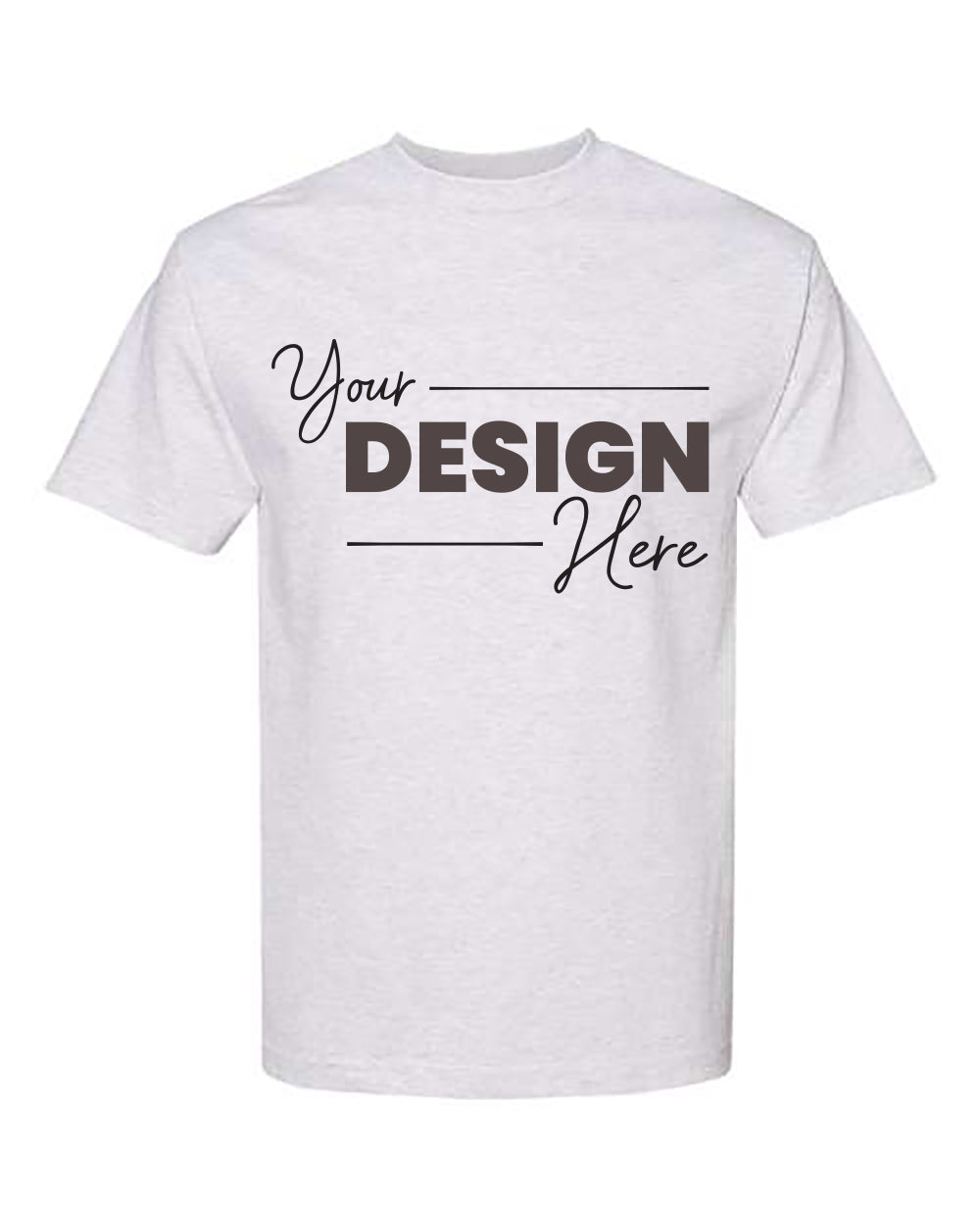 An American Apparel Unisex Heavyweight 100% Cotton T-Shirt in plain, light gray, featuring the text "Your DESIGN Here" in large black cursive font on the front. This classic fit shirt by American Apparel is both durable and long-lasting, making it perfect for everyday wear.