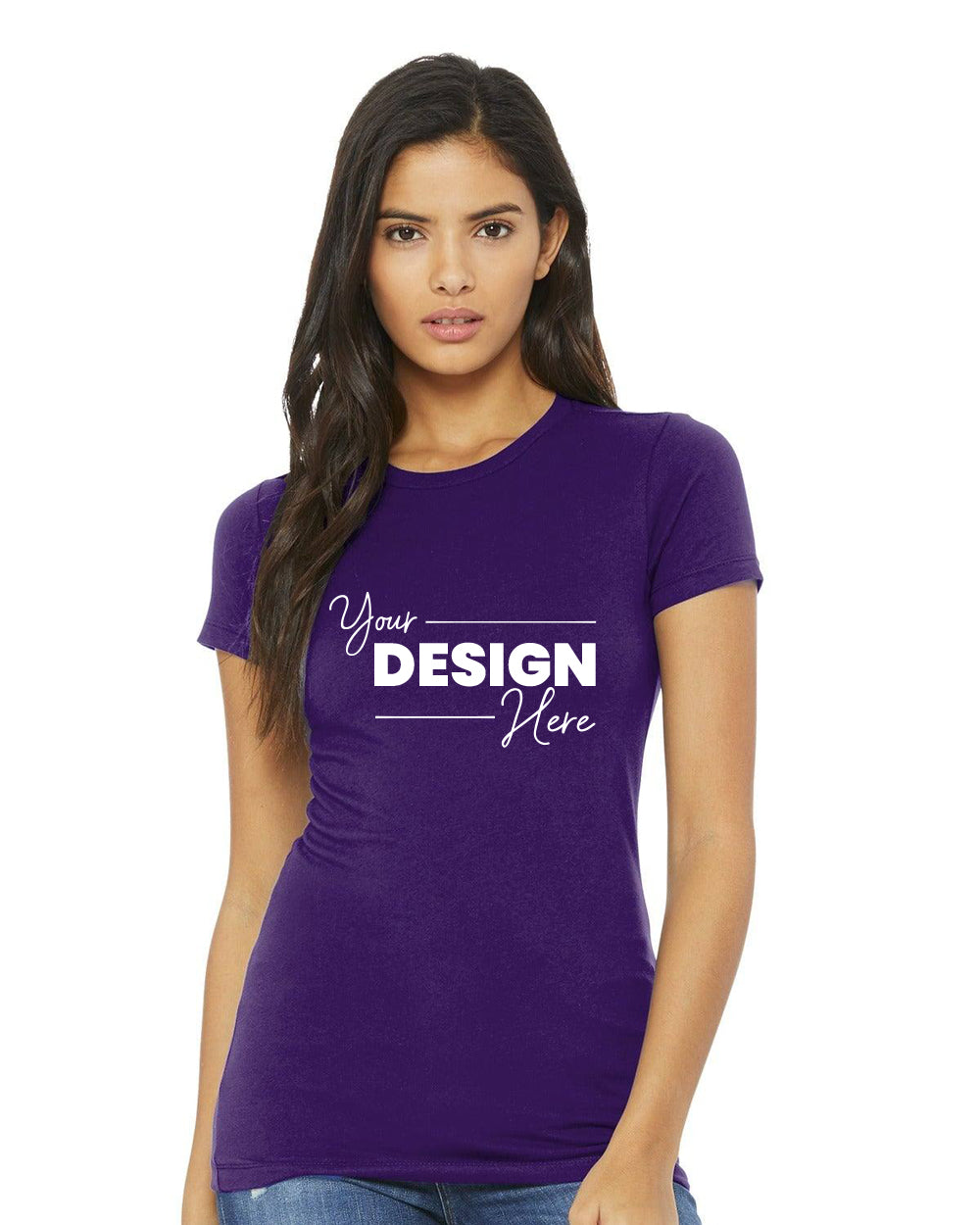A person is wearing a Bella + Canvas BC6004 Women's Slim Fit T-Shirt in purple, crafted from Airlume cotton, featuring the text "Your Design Here" printed on it.