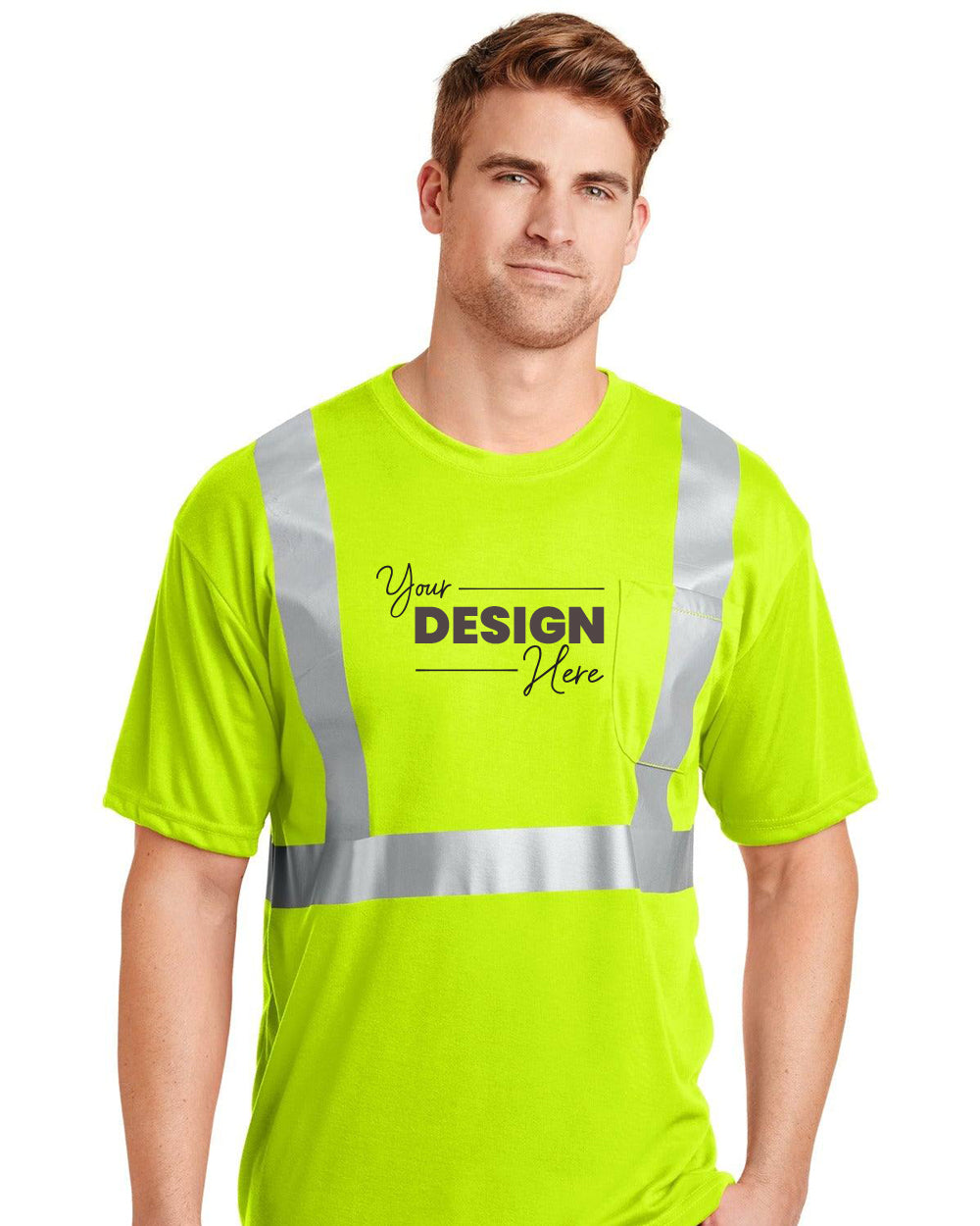 A man stands against a plain white background wearing a CornerStone - ANSI 107 Class 2 Safety T-Shirt CS401 in neon yellow with "Your Design Here" on the front. This CornerStone shirt is ANSI/ISEA 107 Class 2 compliant for safety.
