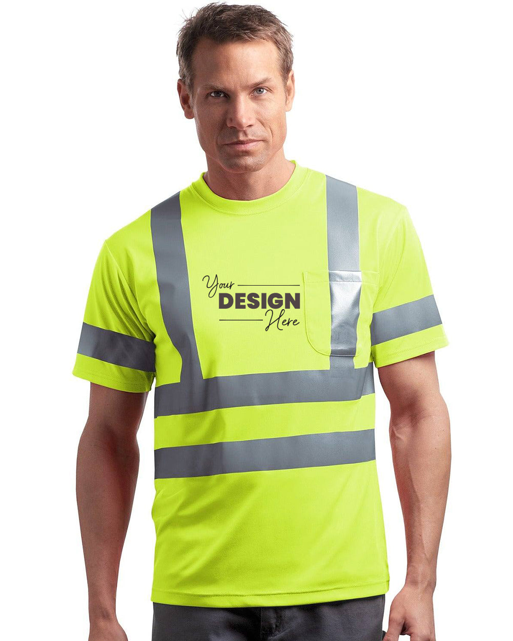 A man stands against a white background wearing the CornerStone - ANSI 107 Class 3 CS408 short sleeve snag-resistant safety shirt in fluorescent yellow with reflective stripes and "Your Design Here" text on the chest.