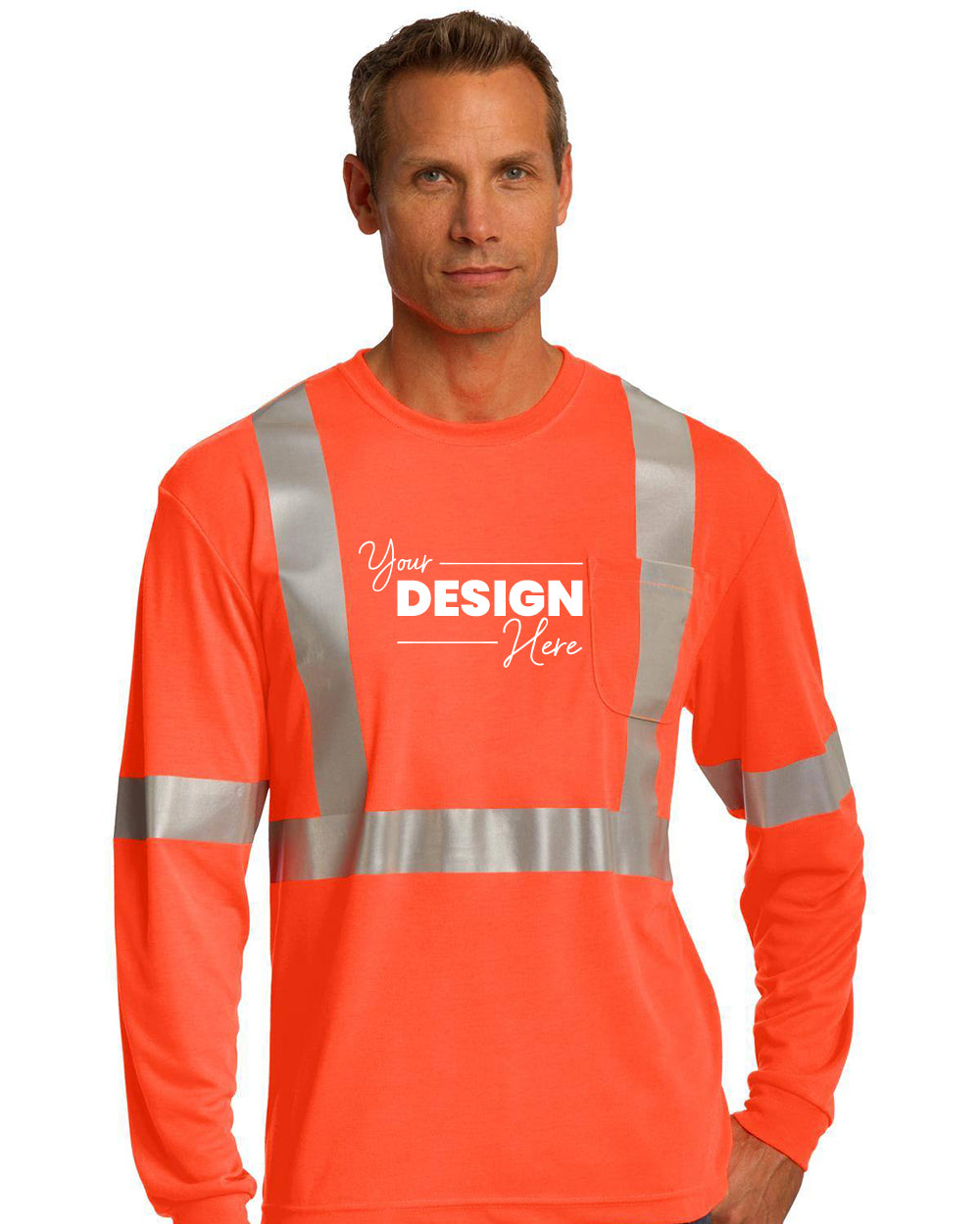 A man wears a CornerStone ANSI 107 Class 2 Long Sleeve Safety T-Shirt CS401LS in bright orange, featuring reflective stripes and a customizable front design area for enhanced visibility in any work setting.