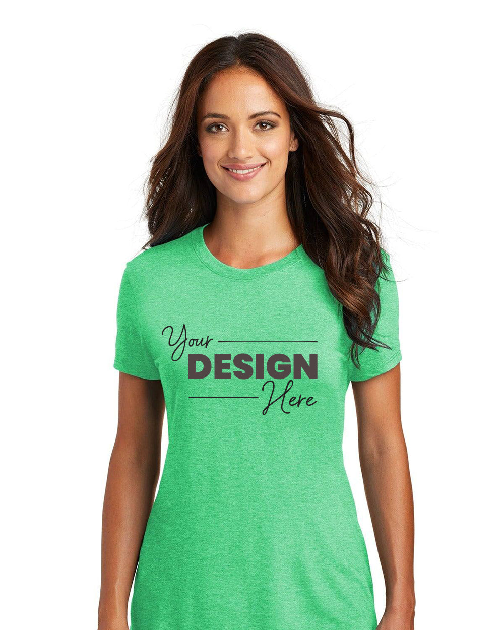 The person is wearing a District Women's Perfect Tri-Blend T-Shirt DM130L, featuring a comfortable fit with "Your Design Here" printed on the front, ideal for casual wear.