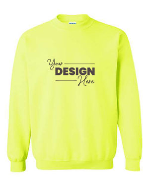 A vibrant yellow Gildan Heavy Blend Safety Crewneck Sweatshirt showcasing the text "Your Design Here" printed in black on the chest, ideal for large customizable orders.