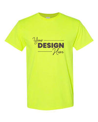 Neon yellow Gildan Heavy Cotton Safety T-Shirt with the text "Your Design Here" in black font centered on the front, offering a classic fit for everyday comfort.