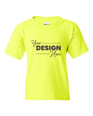 Gildan Heavy Cotton Youth Safety T-Shirt in bright yellow, featuring "Your Design Here" printed in black text on the front, by Gildan for lasting comfort.