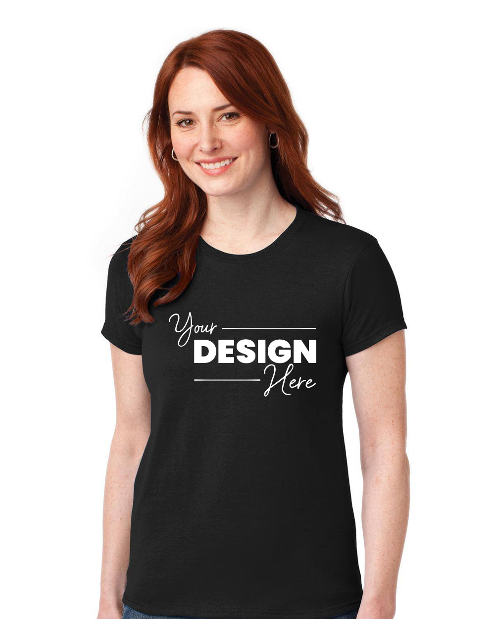 Against a white background, a woman wears the Gildan Ladies Gildan Performance T-Shirt 42000L in black, showcasing "Your Design Here" printed on the front and made with moisture-wicking fabric for all-day comfort.