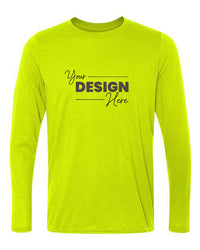 Bright green Gildan Performance Long Sleeve Safety T-Shirt with the text "Your Design Here" in black letters on the chest. This customizable t-shirt features moisture-wicking fabric perfect for staying cool and dry.