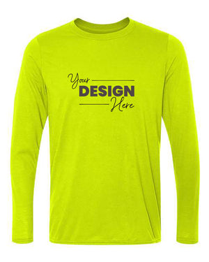 Bright green Gildan Performance Long Sleeve Safety T-Shirt with the text "Your Design Here" in black letters on the chest. This customizable t-shirt features moisture-wicking fabric perfect for staying cool and dry.